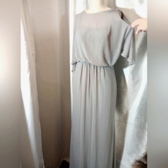 David's Bridal Evening Gown, Flutter Sleeves Zipper, Gray, open back, Long, 6 - Picture 2 of 14
